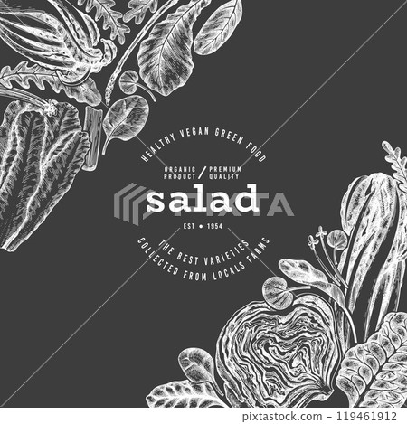 Green Vegetable Design. Vector Hand Drawn Healthy Leaf Salad Banner. Vintage Style Menu IllustrationOn Chalk Board. 119461912