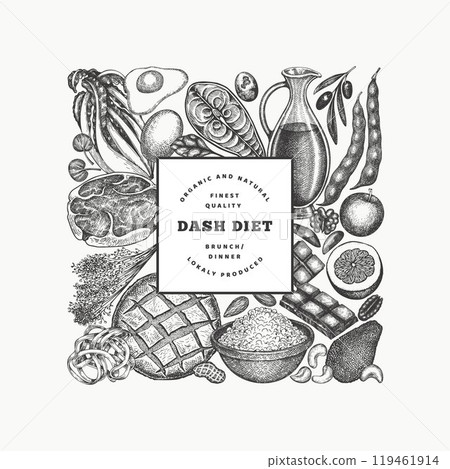 Dash Diet Design Template. Vector Hand Drawn Healthy Food Banner. Vintage Style Menu Illustration. 119461914