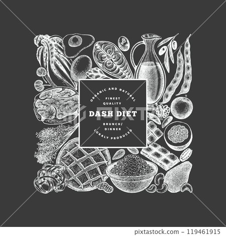 Dash Diet Design Template. Vector Hand Drawn Chalk Board Healthy Food Banner. Vintage Style Menu Chalkboard Illustration. 119461915