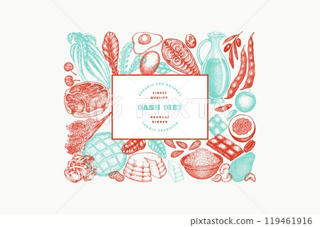 Dash Diet Design Template. Vector Hand Drawn Healthy Food Banner. Vintage Style Menu Illustration. 119461916