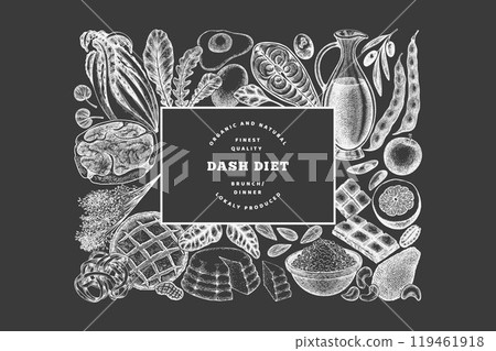 Dash Diet Design Template. Vector Hand Drawn Chalk Board Healthy Food Banner. Vintage Style Menu Chalkboard Illustration. 119461918