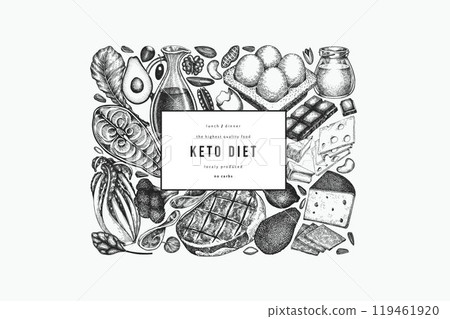 Keto Diet Design Template. Vector Hand Drawn Healthy Food Banner. Vintage Style Ketogenic Menu Illustration. Keto Diet Design Template. Vector Hand Drawn Healthy Food Banner. Vintage Style Ketogenic Menu Illustration. 119461920
