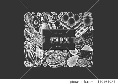 Keto Diet Chalk Board Design Template. Vector Hand Drawn Healthy Food Banner. Vintage Style Ketogenic Menu Illustration. Keto Diet Chalk Board Design Template. Vector Hand Drawn Healthy Food Banner. Vintage Style Ketogenic Menu Illustration. 119461921