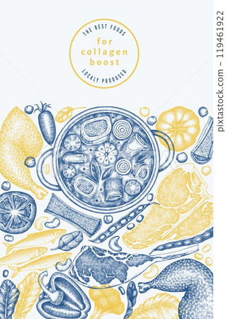 Collagen Diet Design Template. Vector Hand Drawn Healthy Food Banner. Vintage Style Collagen Bust Menu Illustration. Collagen Diet Design Template. Vector Hand Drawn Healthy Food Banner. Vintage Style Collagen Bust Menu Illustration. 119461922