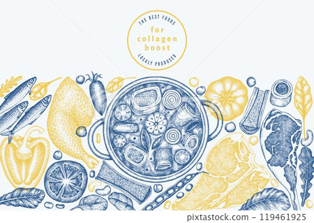 Collagen Diet Design Template. Vector Hand Drawn Healthy Food Banner. Vintage Style Collagen Bust Menu Illustration. Collagen Diet Design Template. Vector Hand Drawn Healthy Food Banner. Vintage Style Collagen Bust Menu Illustration. 119461925