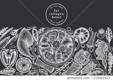 Collagen Diet Chalk Board Design Template. Vector Hand Drawn Healthy Food Banner. Vintage Style Collagen Bust Menu Illustration. Collagen Diet Chalk Board Design Template. Vector Hand Drawn Healthy Food Banner. Vintage Style Collagen Bust Menu Illustration. 119461927