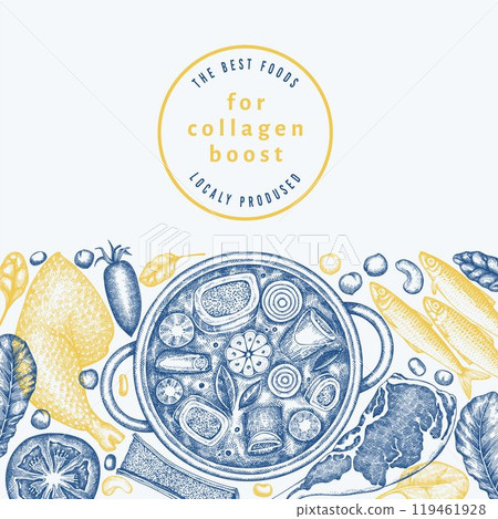 Collagen Diet Design Template. Vector Hand Drawn Healthy Food Banner. Vintage Style Collagen Bust  Menu Illustration. 119461928