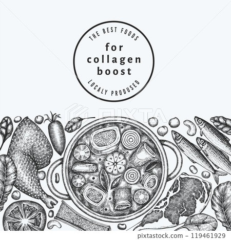 Collagen Diet Design Template. Vector Hand Drawn Healthy Food Banner. Vintage Style Collagen Bust Menu Illustration. Collagen Diet Design Template. Vector Hand Drawn Healthy Food Banner. Vintage Style Collagen Bust Menu Illustration. 119461929
