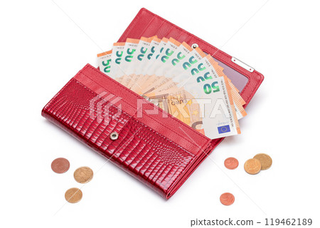 Opened Red Women Purse with 50 Euro Banknotes Inside and Scattered Euro Cent Coins Opened Red Women Purse with 50 Euro Banknotes Inside and Scattered Euro Cent Coins 119462189