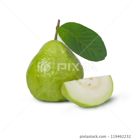 A Fresh Guava fruit and leaf with sliced isolated on white background. 119462232