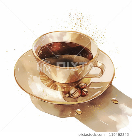 A cup of coffee with a spoon on top of it. The coffee is black and has some coffee beans floating in it. The cup is on a white plate 119462243