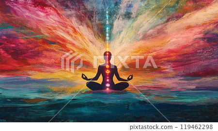 Yoga Esotericism woman is sitting in a lotus position with her hands on her knees. She is surrounded by a colorful aura and is surrounded by a rainbow of colors 119462298