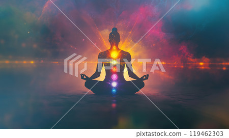 Yoga Esotericism woman is sitting in a lotus position with her hands on her knees. She is surrounded by a colorful aura and is surrounded by a rainbow of colors Yoga Esotericism woman is sitting in a lotus position with her hands on her knees. She is surrounded by a colorful aura and is surrounded by a rainbow of colors 119462303