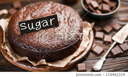Rich chocolate cake topped with a sugar-free label surrounded by dark chocolate pieces on a rustic table Rich chocolate cake topped with a sugar-free label surrounded by dark chocolate pieces on a rustic table 119462319