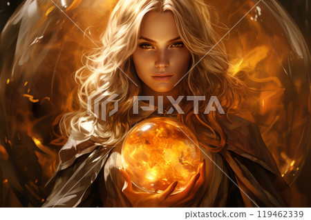 A mystical sorceress with flowing blonde hair holds a glowing orb, surrounded by fiery light 119462339