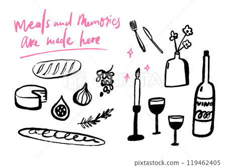 Dinner with wine doodles illustration set. Inspirational quote meals and memories are made here. Cafe or kitchen trendy vector drawings for menu and wall art design, black on white background 119462405