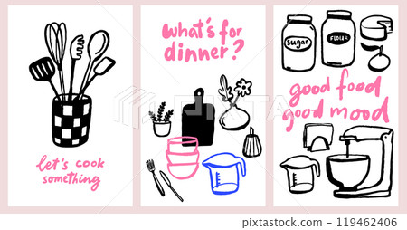 Kitchen posters wall art set, hand drawn trendy doodles drawing and lettering what is for dinner, good food good mood 119462406