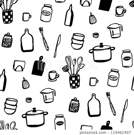 Kitchen texture, seamless background pattern, hand drawn doodles of kitchenware and utencils. Black and white sketch vector pattern 119462407
