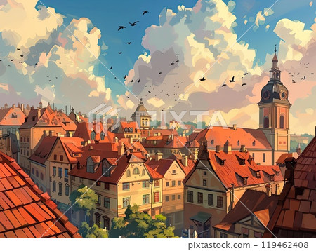 Beautiful painting of old town in Europe like Prague, Czech Republic or Warsaw, Poland or city somewhere in Germany, illustration. Colorful background. 119462408