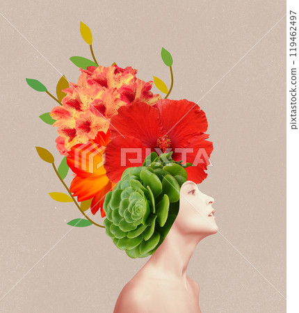 Abstract contemporary art design or portrait of young woman with flowers on face 119462497