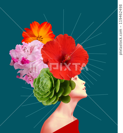 Abstract contemporary art design or portrait of young woman with flowers on face 119462498