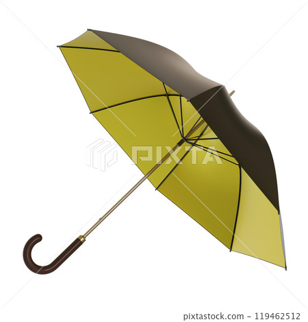 Open black and golden yellow umbrella with black handle, isolated 119462512