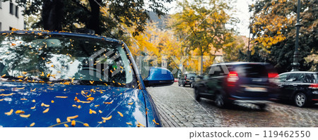 Moody scenic view modern blue car windshield covered golden yellow fallen leaves parked wet city street on autumn rainy day. Overcast sky rain  road drive. Seasonal weather conditions 119462550