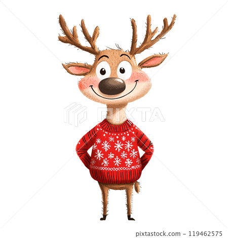 Cute reindeer in a cozy sweater on a transparent background. Winter character, festive design, holiday season, Christmas illustration, warm vibes, cozy winter, cheerful holiday. 119462575
