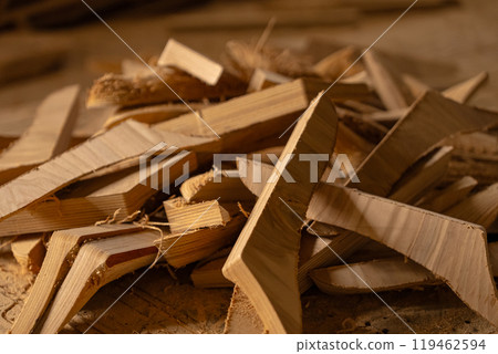 plywood scraps in a furniture workshop plywood scraps in a furniture workshop 119462594