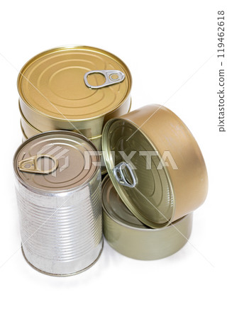 A Group of Stacked Tin Cans with Blank Edges Isolated on White A Group of Stacked Tin Cans with Blank Edges Isolated on White 119462618