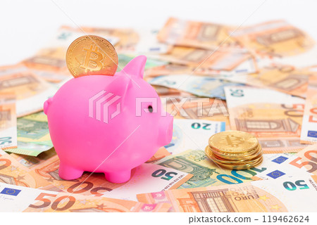 Pink Piggy Bank with Bitcoin Coin on the Fifty Euro Banknotes 119462624
