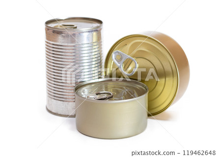 A Group of Stacked Tin Cans with Blank Edges Isolated on White 119462648