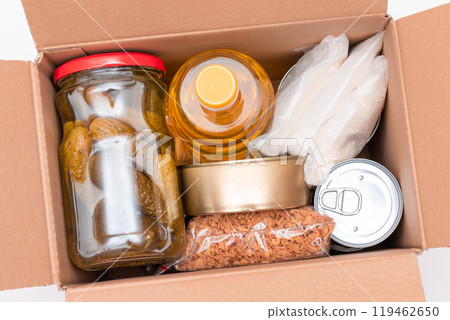Carton Box with Canned Food, Cereals and Grocery - Donation Box or Food Reserves Carton Box with Canned Food, Cereals and Grocery - Donation Box or Food Reserves 119462650