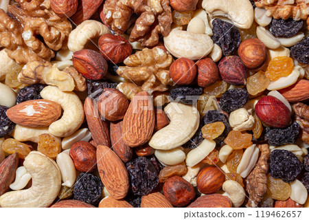 Mixed Nuts: Almonds, Walnuts, Cashews, Peanuts, Hazelnuts, Dried Prunes and Raisins Mixed Nuts: Almonds, Walnuts, Cashews, Peanuts, Hazelnuts, Dried Prunes and Raisins 119462657