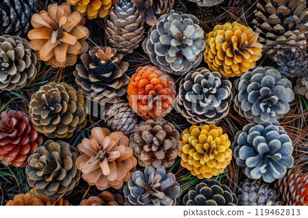 A close up of many pine cones of different sizes and colors A close up of many pine cones of different sizes and colors 119462813