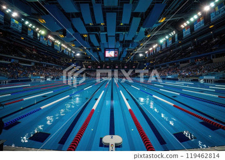 A swimming pool with a crowd of people watching 119462814
