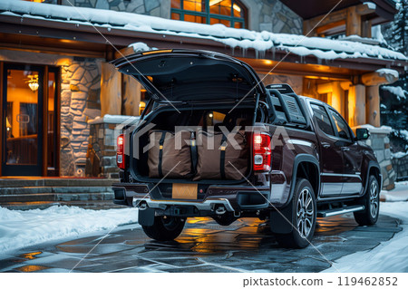 Two men are walking out of a truck with luggage 119462852