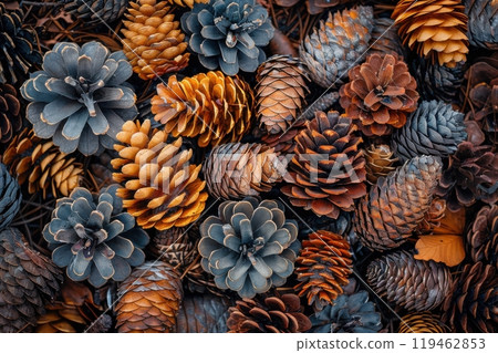 A close up of many pine cones of different sizes and colors A close up of many pine cones of different sizes and colors 119462853