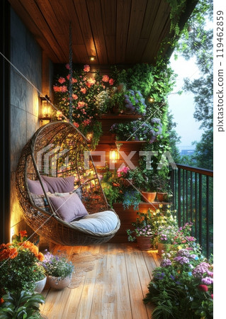 A balcony with a wicker chair and a flower planter 119462859