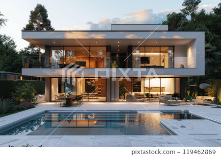 A large white house with a pool and a large glass window 119462869