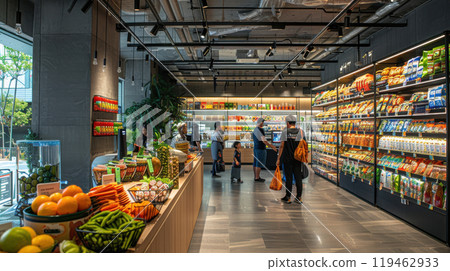 A group of people are shopping in a grocery store A group of people are shopping in a grocery store 119462933