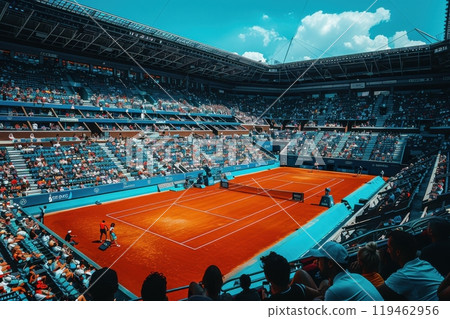 A tennis court with a crowd of people watching the game 119462956