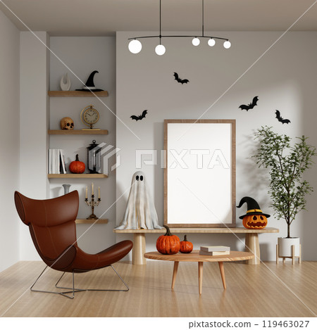 Halloween Interior with Pumpkins and Ghost Decor 3D Render. 119463027
