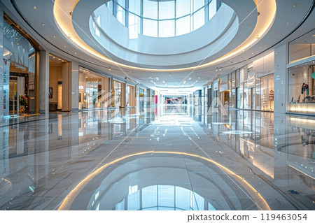 A large, empty shopping mall with a lot of glass windows 119463054