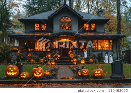 A house is decorated with pumpkins and Halloween decorations 119463055