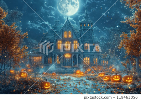 A house with a large moon in the sky and a lot of pumpkins on the ground A house with a large moon in the sky and a lot of pumpkins on the ground 119463056