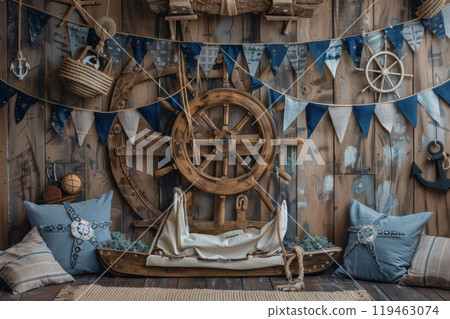 A blue and white room with a boat theme 119463074