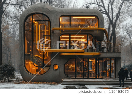 A large building with a lot of windows and a lot of gold 119463075