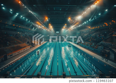 A swimming pool with a crowd of people watching 119463107
