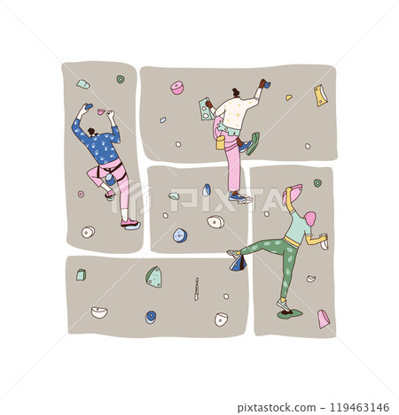 Climbing wall park poster. Climbers training. Vector hand drawn flat illustration isolated on white background. Climbing wall park poster. Climbers training. Vector hand drawn flat illustration isolated on white background. 119463146